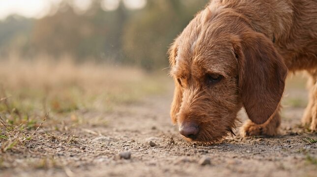 A focused wire-haired dog intently sniffing the dry ground outdoors, its powerful nose guiding an exploration of the natural environment, showcasing canine curiosity and natural instinct