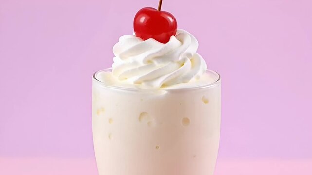 Creamy Delight: A vanilla milkshake, topped with a swirl of whipped cream and a bright red cherry, offers a sweet and refreshing indulgence against a soft pastel backdrop.