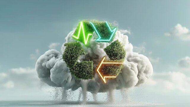 Seamless loop eco cloud recycling animation, clean energy circular system concept.