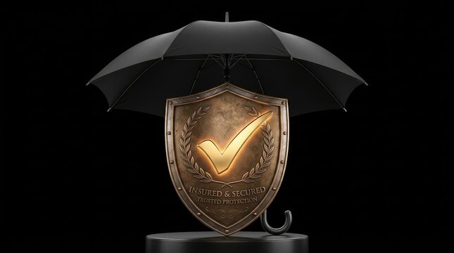 A black umbrella protecting a bronze shield with a gold checkmark isolated on white background