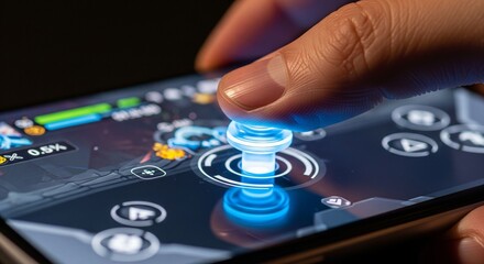 Obraz premium Close-up of a finger pressing illuminated control buttons on a modern touchscreen device