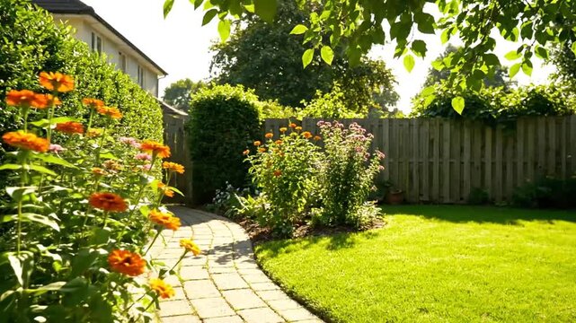 Sunny garden path with flowers and grass.