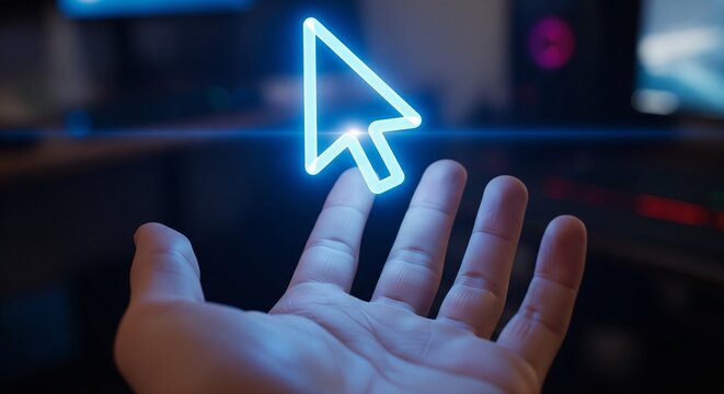 Hand hovering over glowing digital cursor on modern touchscreen interface