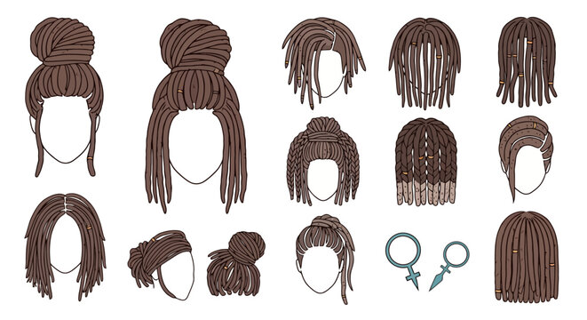 Collection of diverse dreadlock hairstyles for women, showcasing various updos, braids, and lengths, with symbolic gender icons.