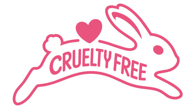 Pink cruelty free bunny logo with heart, ethical vegan cosmetics label, animal testing free product badge vector illustration