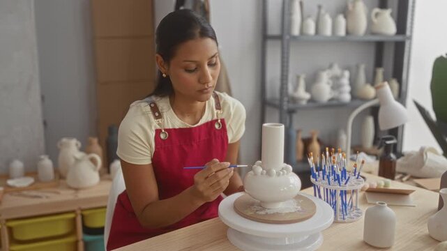 Woman painting a ceramic vase, holds brush steady with bare hand in a pottery studio with shelves of bisque ceramics, brushes and lamp nearby; concentration.