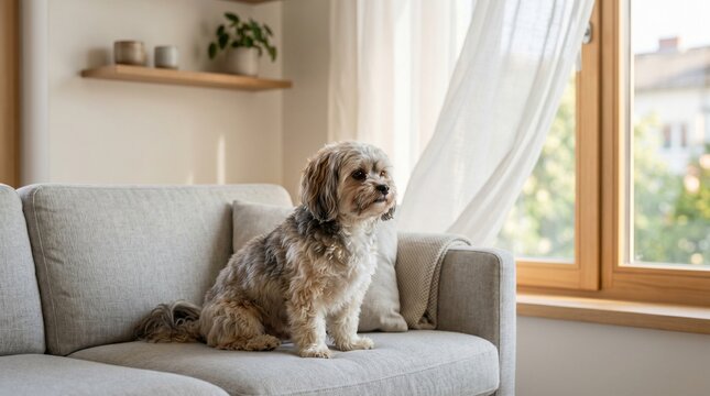 A cute Russian Tsvetnaya Bolonka dog sitting on a sofa in a sunlit room looking out the window