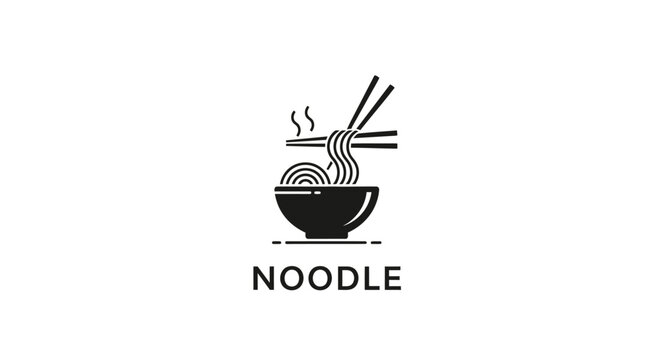 Minimalist monochrome noodle bowl logo with chopsticks and steam, food icon for restaurant