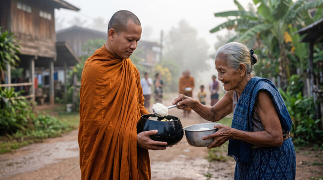 Monk alms bowl rice woman donation Theravada monk receiving rice donation from elderly woman beside rural village road, saffron robe and black alms bowl, morning tradition, humble kindness soft