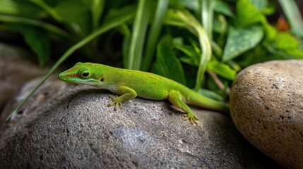 Fototapeta premium Green lizard resting on gray stone