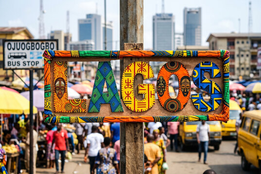 Colorful Lagos Sign at Bustling African Market