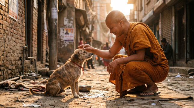 Buddhist monk dog kindness compassion street alley Buddhist monk gently touching rescued dog forehead dusty street alley sunset, caring gesture showing compassion and calm connection amid urban