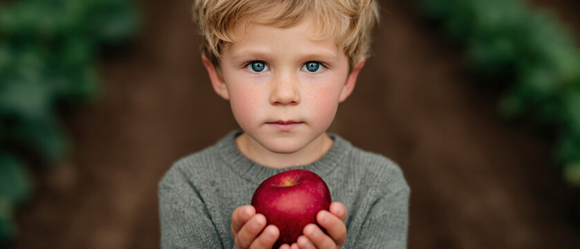 A child holds a bright red, genetically modified apple, gazing at it with wonder and curiosity, in a heartwarming