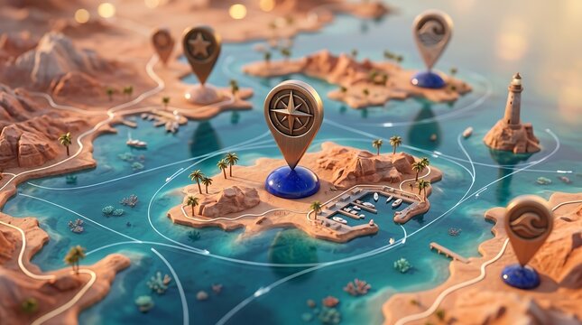 3D tropical islands map with compass location pin