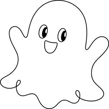 Continuous line drawing Cute ghost character, smiling cartoon illustration, black line art, Halloween vector icon