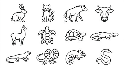 Obraz premium Animal line icon set with pets farm animals and reptiles minimalist outline vector collection