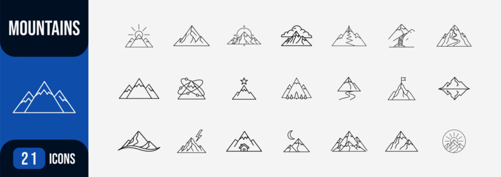 Mountain sun peak, mountain range, compass rose, snowy mountain, waterfall, river peak, wave mountain, lightning house, moon mountain, sun peak circle icons set.