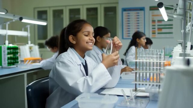 Young Girls Learning Science in a School Lab