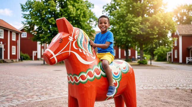 Smiling young boy sitting on a large traditional red Swedish Dala horse statue. Child playing outdoors in a Scandinavian village