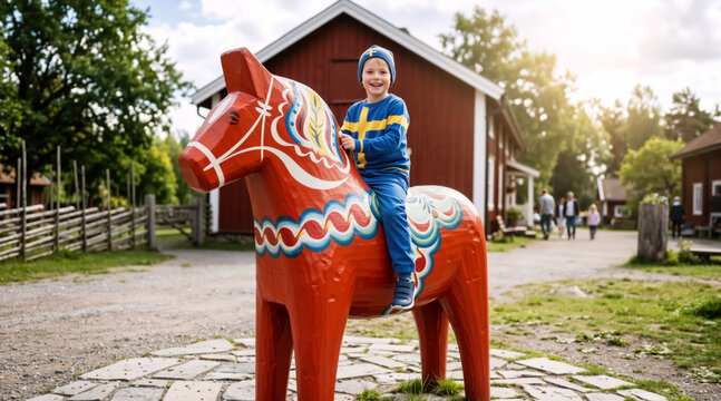 Happy little boy sitting on a large red wooden Dala horse statue. Child wearing Swedish flag colors in a traditional village. National day of Sweden and cultural heritage concept