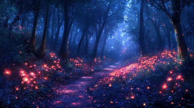 Magical glowing forest path at night.  Possible use stock photo for fantasy, nature, or magical themes