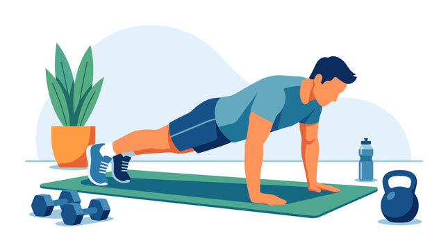 Man doing push ups at home with dumbbells and kettlebell for fitness and exercise