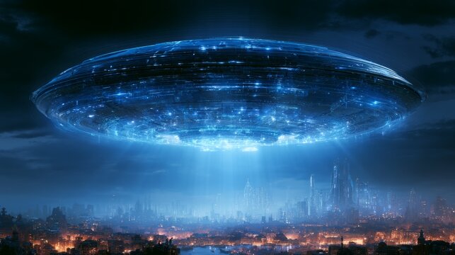 Giant Alien Saucer Hovering Over Nighttime Cityscape