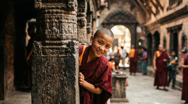 Novice monk monk temple pillar peeking smile robe courtyard Buddhist architecture Novice monk peeking mischievously from behind carved stone pillar inside Buddhist temple courtyard, wearing maroon