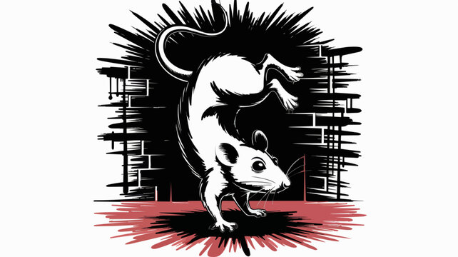 Urban street art rat illustration, acrobatic mouse balancing on tail with grunge brick wall and red splash, edgy graphic design