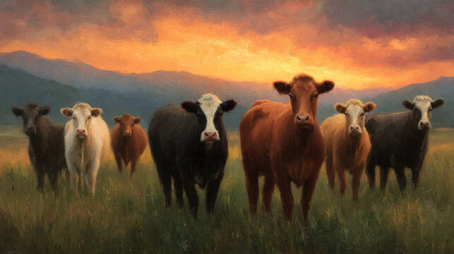 A herd of cattle peacefully grazing on lush green pastures, surrounded by rolling hills and a vibrant sunset