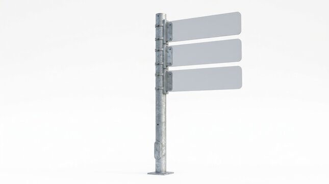 Three blank white street signs on a metal pole isolated on a clean white background.