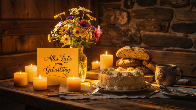 A beautiful and warm German birthday greeting, the phrase "Alles Liebe zum Geburtstag" elegantly written in flowing calligraphy, set against a rustic Bavarian wooden table backdrop.