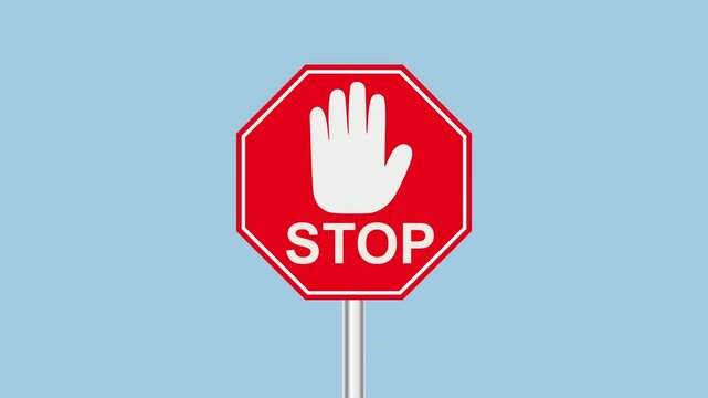 Stop sign with hand icon and lettering, Stop sign that approaches the screen 2d animation with alpha matte