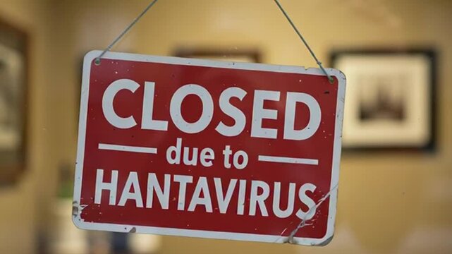 A red closed sign hangs on a door due to Hantavirus.