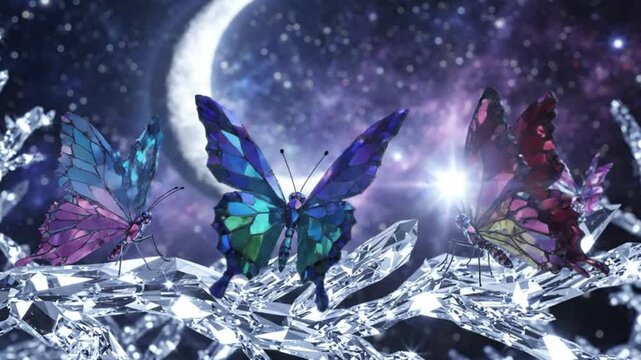 Magical Night Colorful Butterflies on Glittering Diamonds under Crescent Moon