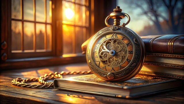 Vintage pocket watch resting on old book near window