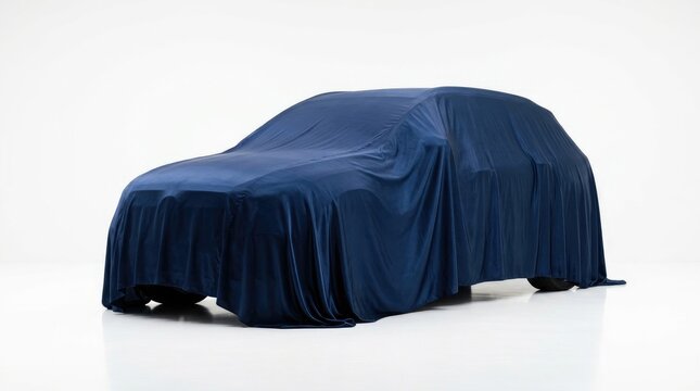 A new car hidden under a glossy blue satin cloth, isolated on a white background.