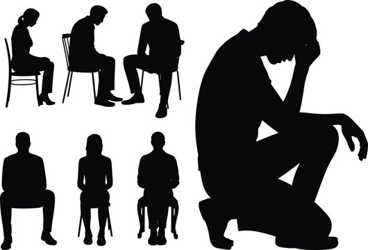 Silhouettes of depressed people sitting and kneeling in sadness grief and despair isolated on white background for mental health concept