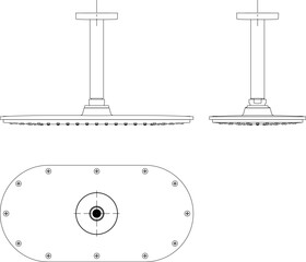 Fototapeta premium Technical vector drawing of an oval ceiling-mounted rainfall shower head, displaying side profile, front elevation, and top-down views for bathroom interior design and plumbing planning