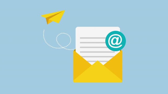Open Envelope with a newsletter inside, transformed a paper plane flying out 2d animation with alpha matte