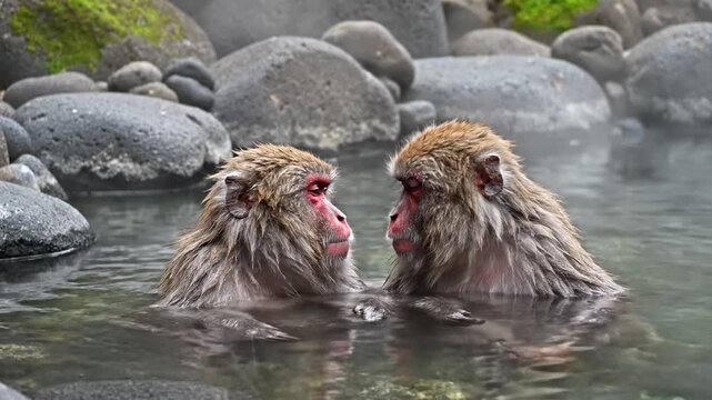 Wildlife macaques relaxing in a steamy natural hot spring, excellent b roll for advertising and news coverage.