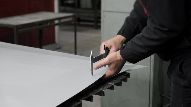 Factory worker measuring metal sheet with caliper in industrial workshop. Precision quality control and metal fabrication process in manufacturing.