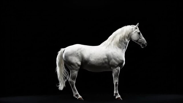 White horse rearing with black background.