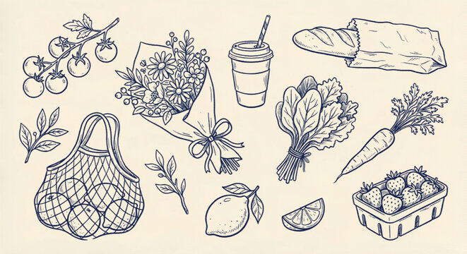 Vintage hand drawn farmers market icons, 12 organic grocery and floral vector elements, rustic sketch of fresh produce and eco friendly shopping items