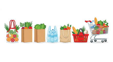 Grocery shopping bags and cart set, flat vector collection of fresh food in paper bags and baskets, supermarket produce and bottled water icons © Muhammad