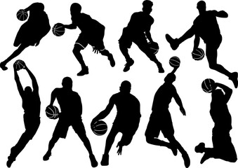 Basketball Player Silhouette Set, Dynamic Male Athletes Poses Vector © maylliza
