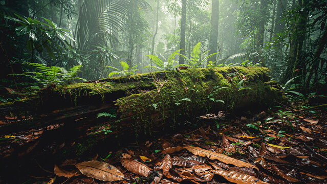 A fallen, decaying log in a tropical rainforest, thick moss and lichen covering the entire surface, small ferns growing from the decaying wood, a forest floor with dead leaves, a misty forest.
