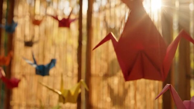 Colorful Origami Cranes Hanging Outdoors in Sunlight, Japanese Paper Folding Art