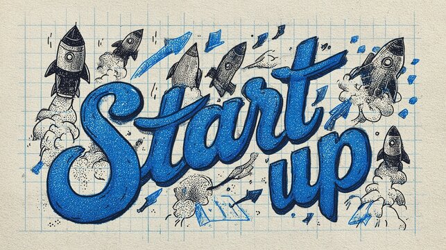 a doodle style illustration on graph paper with the word "start up" prominently displayed in blue, textured, bubble letters. multiple grey and black rockets are shown launching, emitting messy blue ex
