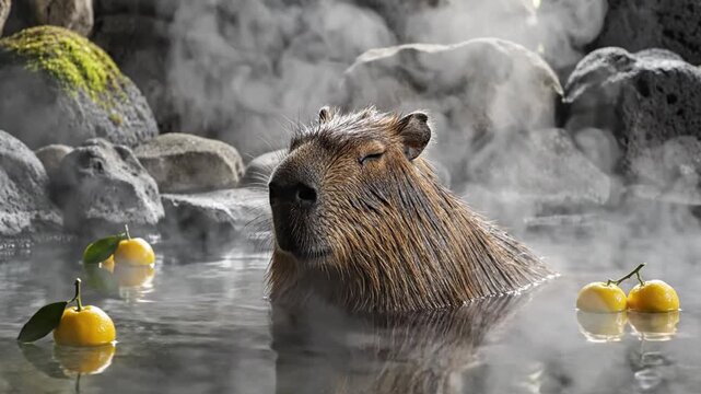 A capybara enjoying a relaxing b roll moment, soaking in a steamy natural hot spring amidst rocks and floating citrus fruits, captured from an eye-level viewpo for advertising and news content.